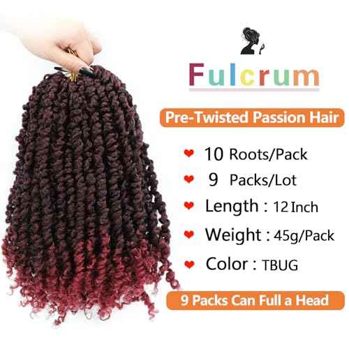 Fulcrum Passion Twist Crochet Hair 12 Inch, 9 Packs Pre Looped Passion Twist Hair, Pre-Twisted Passion Twist Crochet Hair For Black Women (12Inch (Pack of 9), TBUG#)