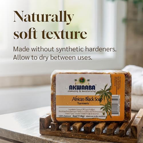 AKWAABA 100% African Black Soap(Turmeric) 4oz - For Body and Face | Moisturize and nourish your skin | Safe for all skin types | 2 pcs