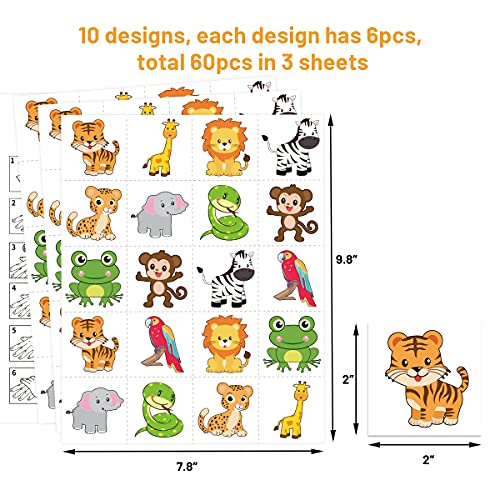 Animal Temporary Tattoos for Kids - 60 Pack Safari Party Favors