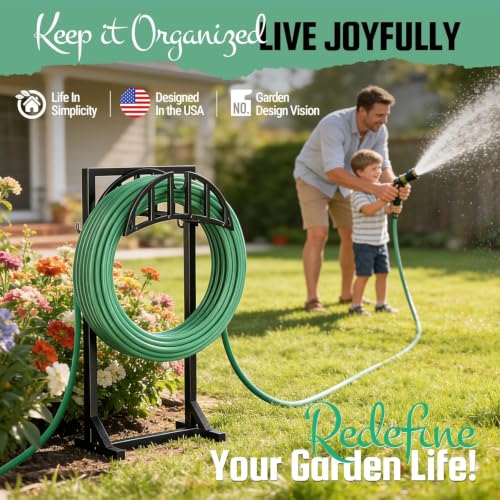 Black Textured Garden Hose Reel Holder - 150ft Heavy-Duty Metal Stand with Stakes & Hooks