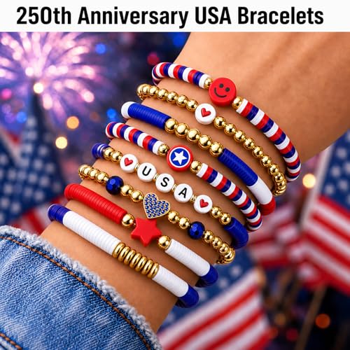 Go Ho Patriotic Beaded Stretch Bracelets - 8 Pack Set