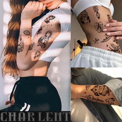 CHARLENT Black Vintage Temporary Tattoos - 9 Sheets Old School Designs