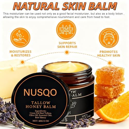 Organic Grass-Fed Beef Tallow Balm with Raw Honey - Moisturizing Cream for Soft, Smooth Skin - Tallow and Honey Balm for Face,Natural Formula for Dry & Sensitive Skin (2)