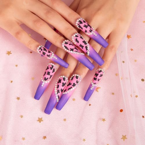 LOVFUL Press on Nails Boozy Lavender | Handmade with Full Covered Crystals | Reusable Full Cover Nails | Coffin Long 2.2 in | H211-S