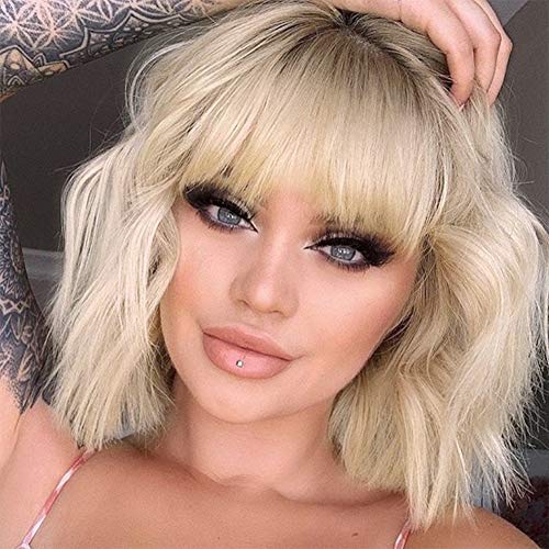 MISSQUEEN Short Ombre Blonde Wigs Wavy Bob Wig with Bangs Women Synthetic Curly Pastel Bob Wig for Girl Colorful Cosplay Wigs