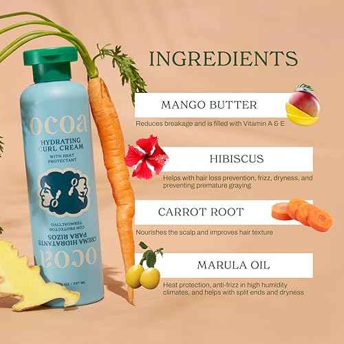 OCOA Beauty Hydrating Curl Cream with Hibiscus, Mango Butter, and Marula Oil - Defines, Moisturizes, Controls Frizz & Protects from Heat - For Curly & Wavy Hair, 8 oz