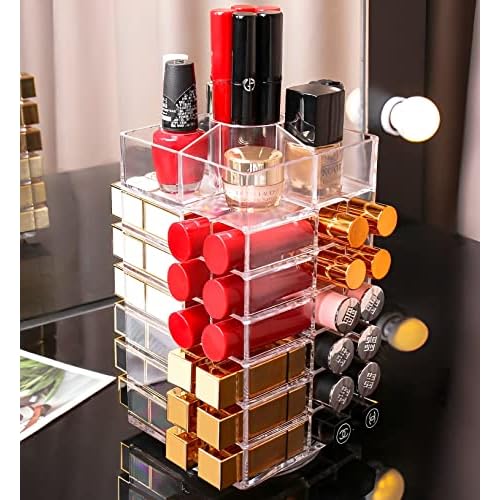 Sooyee 360 Degree Spinning Lipstick Organizer Holder 53 Spaces,Acrylic Cosmetic Display Cases for Lipstick, Brushes, Bottles, and more,Clear