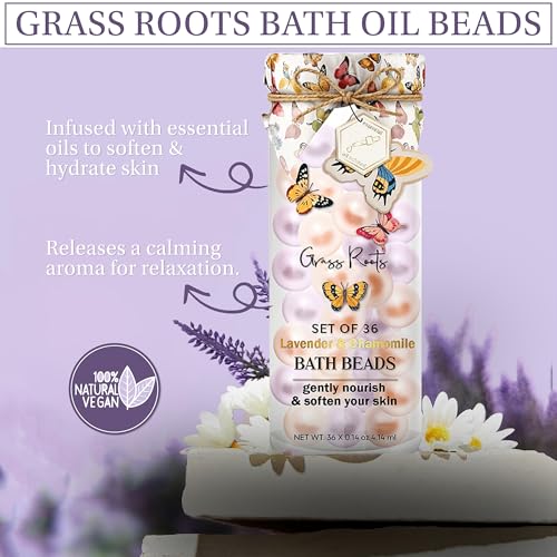 Grass Roots Bath Oil Beads Set of 36 - Lavender & Chamomile Scented Bath Beads - Essential Oil Soaked Pearls to Gently Nourish & Soften Skin - Luxurious Bath Experience