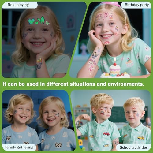 Awinmay 400 Pcs Kids Luminous Temporary Tattoos - 30 Sheets, Glow in Dark Fun