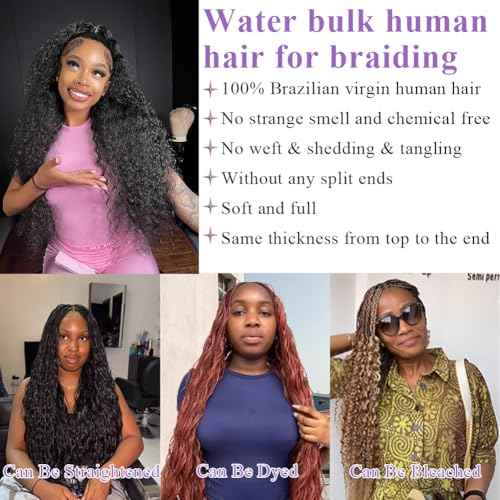 Human Braiding Hair 24 Inch 2 Bundles Human Hair Braiding Hair No Weft Water Wave Bulk Human Hair Extensions for Boho Braids Wet and Wavy 100g