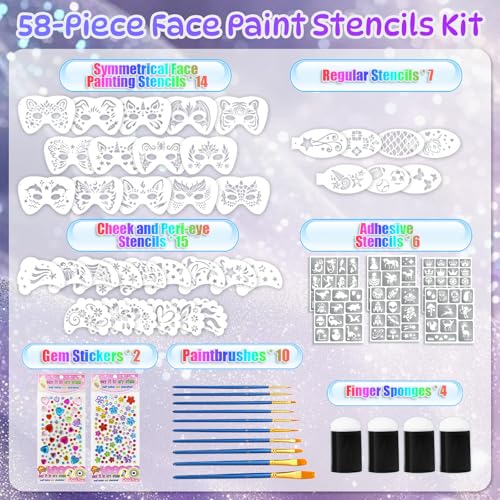 Face Paint Stencils Kit 58 Pieces - 36 Reusable Stencils, 10 Brushes