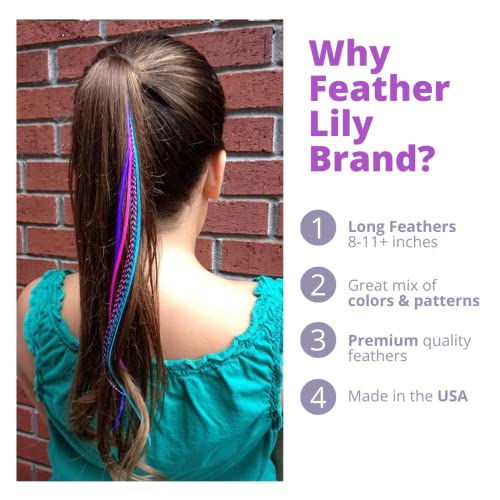 Hair Feathers Extension Kit, 100% Real Rooster Feathers, Long Feather Hair Extensions in Pink, Purple, and Blue by Feather Lily