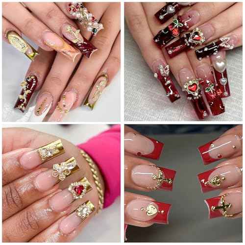 128PCS Gold Nail Charms Set with Rhinestones and Gems, Rose, Hearts, Cross and Virgin Mary - Y2K 3D Shiny Jewelry Nail Decorations Accessories Supplies