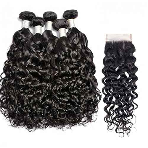Brazilian Water Wave 5Bundles(50g/bundle) with 4x4 Lace Closure Wet and Wavy Bundles with Closure Deep Curly Bundles Human Hair Bundles with Closure (16/16/16/16/16+16)