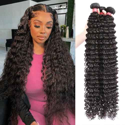 12A Deep Wave Human Hair Bundles 24 26 28 Inch Brazilian Curly 3 Bundles Human Hair 100% Unprocessed Virgin Wet and Wavy Hair Weave 1B Black