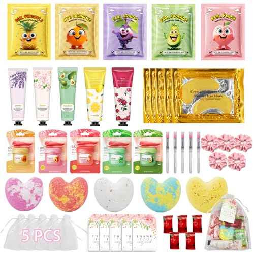 50 PCS Spa Party Supplies for Girls & Women, Facial Masks- Hand Cream- Lip Balm- Bath Bomb- Eye Mask- Compressed Towel- Hair Ties- Lip Brush- Organza Bags, Spa Kit for Birthday, Sleepover, Spa Day