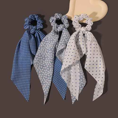 LFOUVRE Elastic Hair Scrunchies and Ribbons - Knotted Bow Hair Ties, Scarf Scrunchies Ponytail Holders for Women and Girls 3pcs