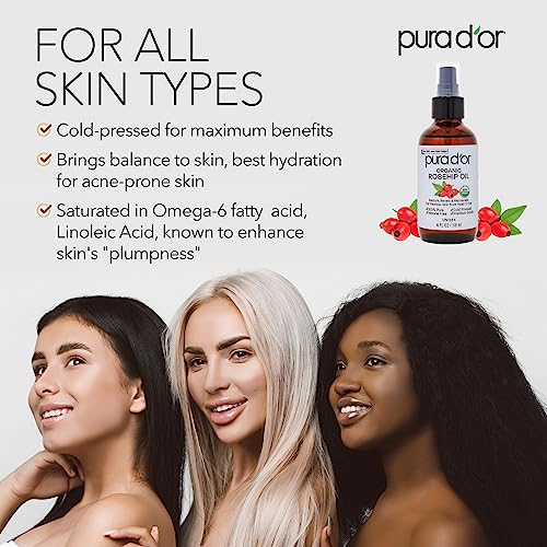 PURA D'OR 4 Oz ORGANIC Rosehip Seed Oil 100% Pure Cold Pressed USDA Certified All Natural Moisturizer For Anti-Aging, Acne Scar Treatment, Gua Sha Massage, Face, Hair & Skin, Women & Men