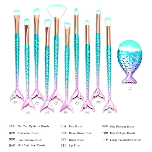 11Pcs Makeup Brushes Set with Mermaid Handles
