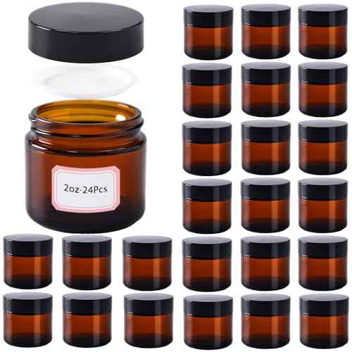 2 oz Amber Glass Jars with Lids,24 Pack 2oz Glass Jar with Inner Liners,2 Ounce Small Jars for Cream,Lotion