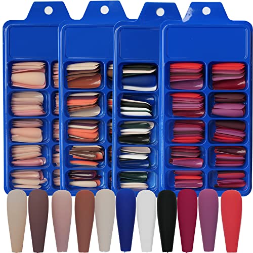 AddFavor 400pcs Long Press on Nails Coffin Matte Fake Nails Full Cover Ballerina Medium Length Acrylic Artificial False Nail Tips 20 Solid Colored Coffin Nails for Women DIY Nail