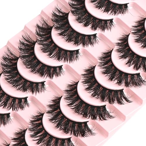 FARRED False Lashes Wispy Natural Strip Eyelashes 14mm Cat Eye Mink Lash Strips Full Volume Fake Cateye Eyelash Pack Natural Look 10 Pairs Short Thick Fluffy Pesta?as Postizas for Women