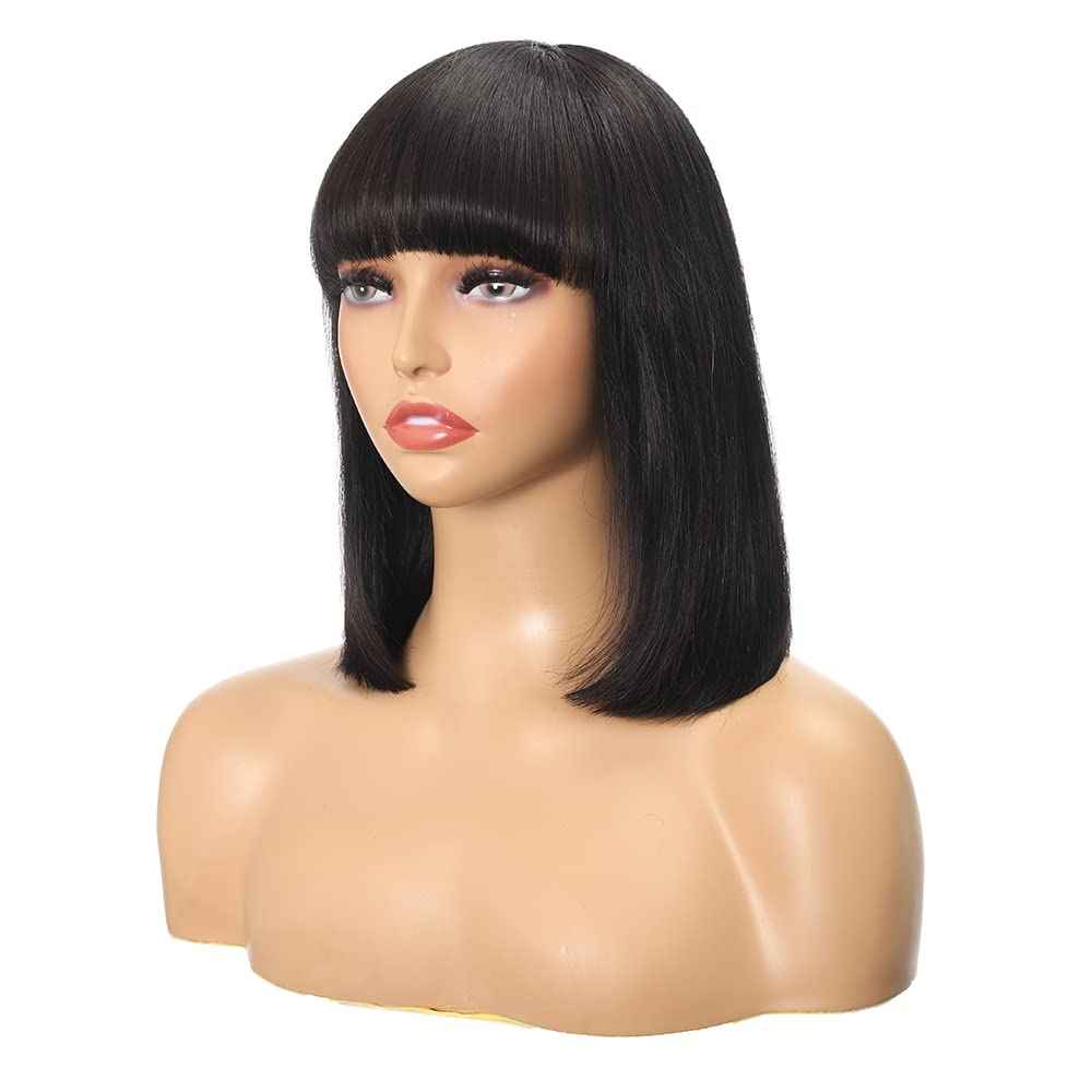 CINCIN Short Bob Wig with Bangs 100% Human Hair None Lace Front Machine Made Straight Bob Wigs for Women Natural Color Wigs Daily 14 Inch
