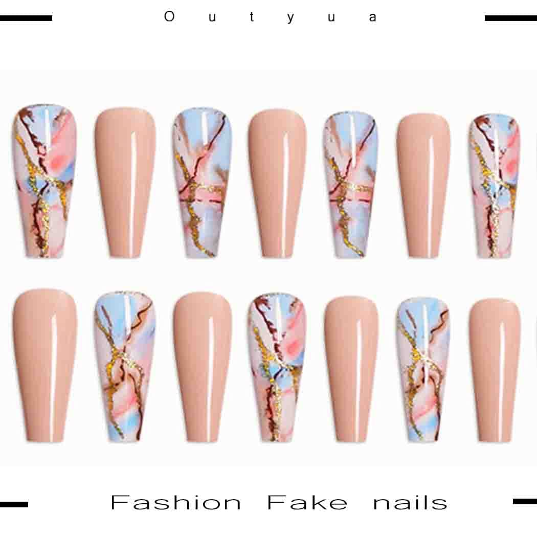 Outyua Marble Pattern Fake Nails Glossy Nude Coffin Extra Long Press on Nails with Designs Ballerina Acrylic False Nails Full Cover Nails 24pcs