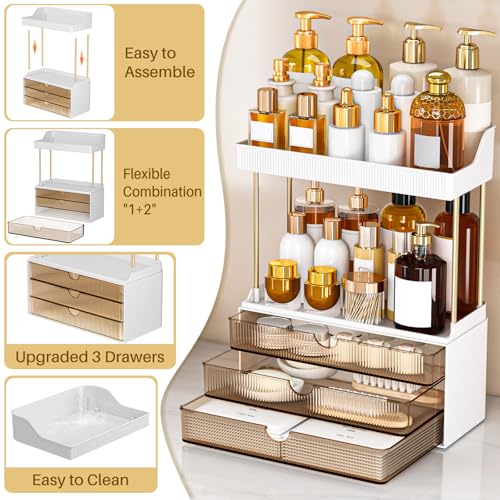 Bathroom Organizers and Storage - 3 Drawers 2 Tier Makeup Organizer, Cosmetic Storage Drawer for Dresser Countertop and Bathroom Vanity for Large Skincare, Perfume, Amber