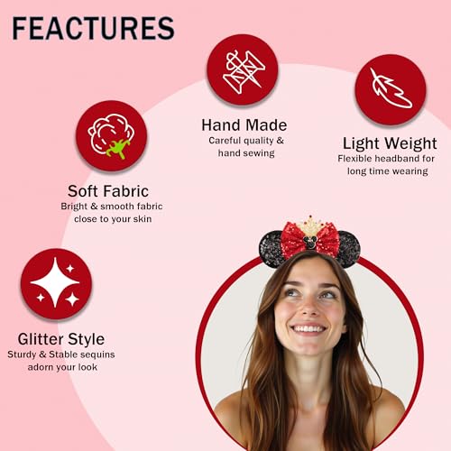 Sequin Mouse Ears Headband with Crown for Women