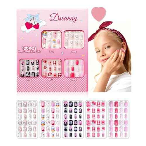 120PCS 5 Pack Press on Nails for Kids,Tweens Girls Soft Fake Nail Kit, Reusable Creative Design kids Nails, Full Cover Glitter Stick on Nails Girl Nails for Kids Ages 8-12