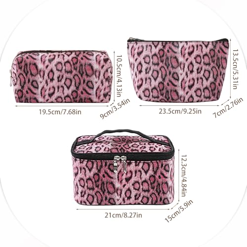 Kaxich 3PCS Leopard Print Makeup Bag Set, PU Leather Cosmetic Pouch Organizer Large Toiletry Bag with Zipper Closure for Women Girls (Dark Curry)