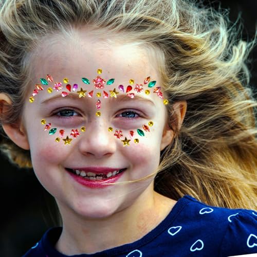 Kids Festival Face Jewels Gems ? 4 Pack Sparkly Face Stickers & Crystal Temporary Tattoos ? Fun Rhinestone Makeup for Girls for Halloween, Birthday, Christmas & Dress-Up Play