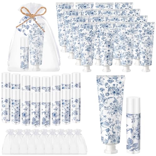 Loopeer 24 Sets Blue Floral Bridal Shower Hand Cream and Lip Balm Gift Bulk Blue Flower Wedding Favors Travel Size Hand Lotion and Lip Balm Wedding Bridal Baby Shower Party Supplies for Guests