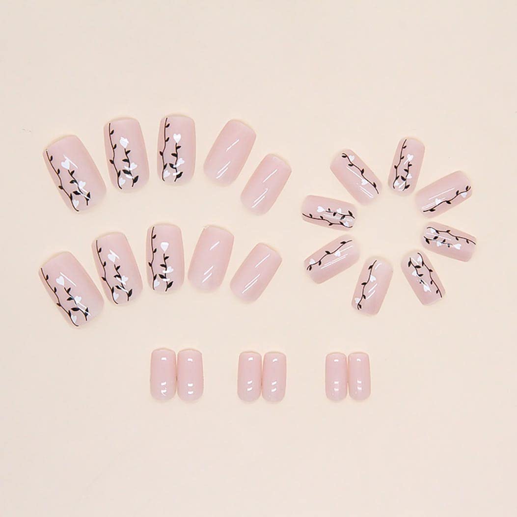 RikView Square Press on Nails Medium Fake Nails Nude Nails Glossy Full Cover Nails 24 PCs/Set