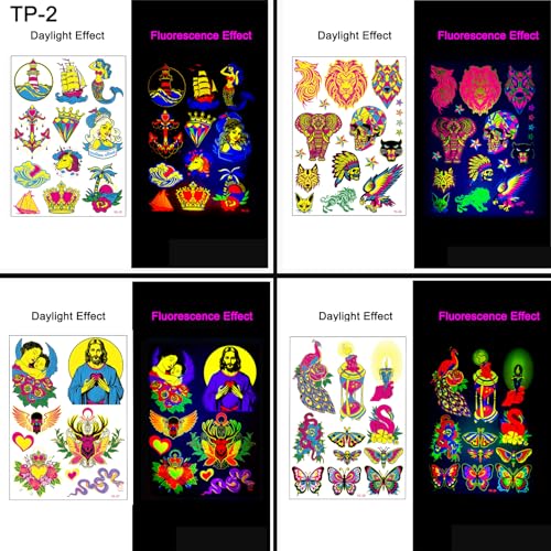 4 UV Glow in Dark Temporary Tattoos Waterproof 80+