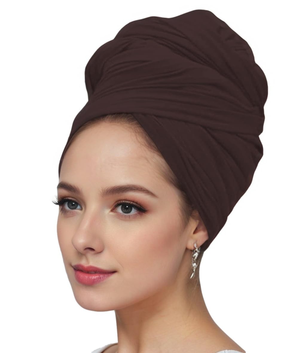 vabovin Headwrap Turban Stretch Jersey Knit Lightweight Long Headscarf Headband Shawl Solid Color (Coffee)