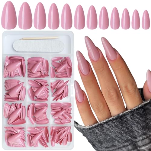 Bellelfin 360pcs Almond Press on Nails, Medium Length Fake Nails Glossy Nude Pink False Nails Acrylic Nails Press Ons with 10 Sheets Adhesive Tabs for Women Girls Fingernails Design