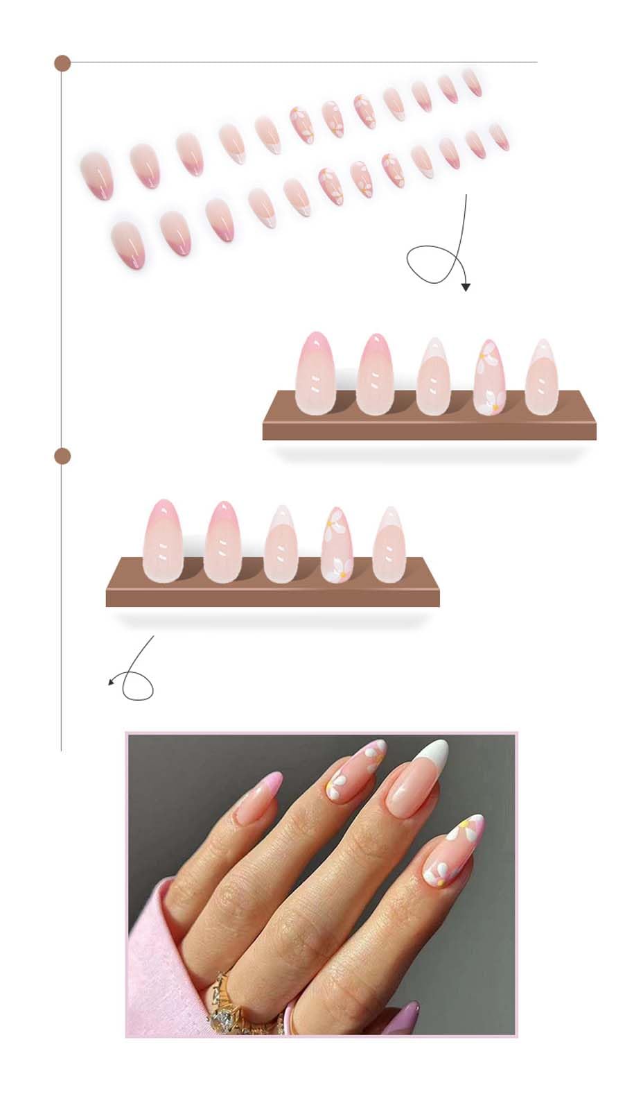 Almond Shaped Press on Nails Medium Almond Fake Nails with Little fresh Flower Design Acrylic Glue on Nails for Women Girls Full Cover Artificial False Stick on Nail for Daily Wear Wedding 24Pcs