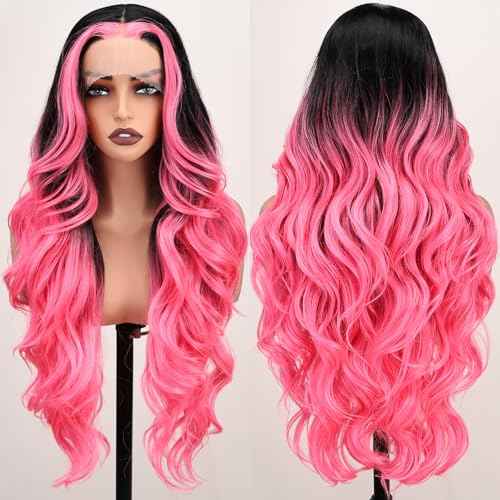 SISgrace Pink Highlight Wig Lace Front Wigs Synthetic Body Wave Wig Wear and Go 13x4x1 T-part Lace Middle Part Synthetic Wigs 28 Inch Pre-Plucked HD Glueless Lace Front Wig for Women