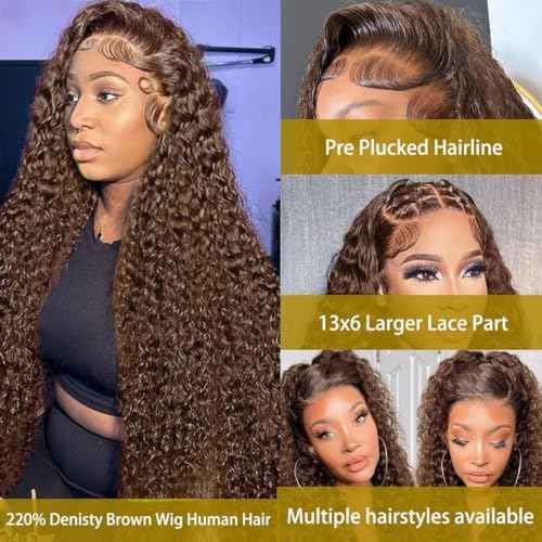 BIANFA 30 Inch Light Brown Deep Wave Lace Front Wigs Human Hair 220 Density 13x6 HD Lace Frontal Wig Curly Human Hair Pre Plucked Wig for Women Honey Brown Glueless with Natural Hairline