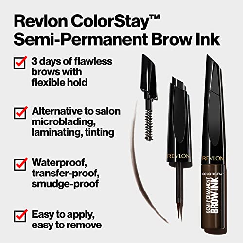 Revlon ColorStay 5-in-1 Semi-Permanent Brow Ink with Spoolie Brush, Waterproof, Transfer-proof, Smudge-proof, Easy to Remove Eyebrow Makeup, 355 Dark Brown Ink, 0.09 fl oz.