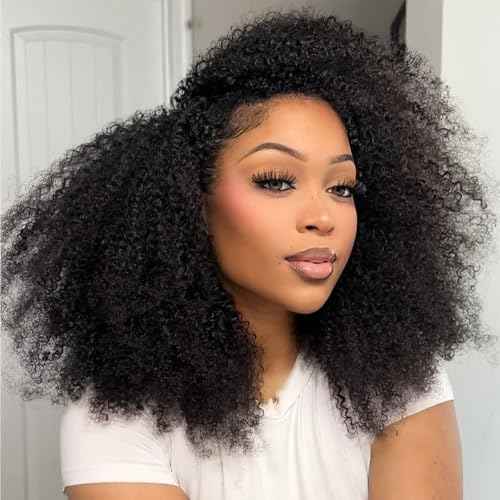 Domiso Afro Kinky Curly 3 In 1 Half Wig Seamless Kinky Curly Flip Over Beginner Friendly Human Hair Natural Hairline Glueless Invisible Hairline Drawstring Band Clip in Wig 22 Inch