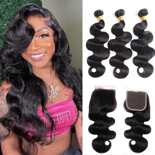 Body Wave Human Hair 3 Bundles with 4x4 Closure - 14 16 18