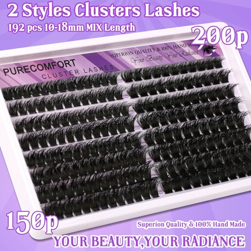 DIY Lash Extension Kit, 192 Cluster Lashes 2 Densities (150P/200P) 10-18mm Mixed Length, Knot-Free Handmade Lashes with Bond/Seal Glue, Remover & Tweezers, Beginner-Friendly for Daily & Party Looks