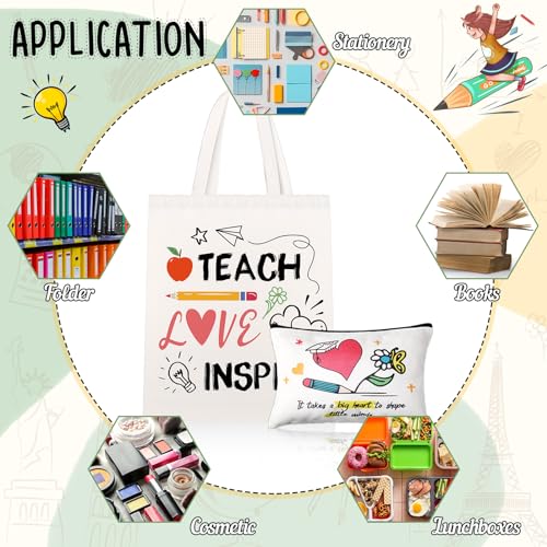 Blosssound 12 Pcs Teacher Appreciation Gift for Women Canvas Tote Bag Thank You Teacher Cosmetic Makeup Bag