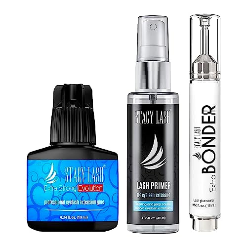 Extra Strong Evolution Eyelash Extension Glue 10ml & Extra Bonder 15ml & Primer/Cleanser 40ml - Stacy Lash/Black Adhesive 1-2Sec Drying Time/Sealer/Protein Oil Remover/Professional Supplies