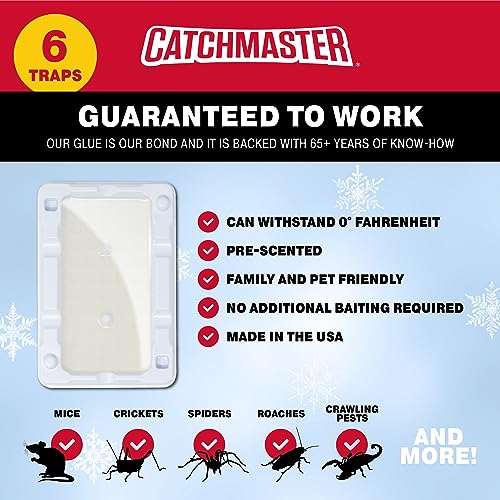 Catchmaster Cold Weather Mouse Traps Indoor for Home 6PK, Winter Pest Control Adhesive Tray for Bugs, Crickets, & Spiders, Pet Safe Glue Traps for Mice in Basement, Walk-In Fridge, Warehouse, & Garage