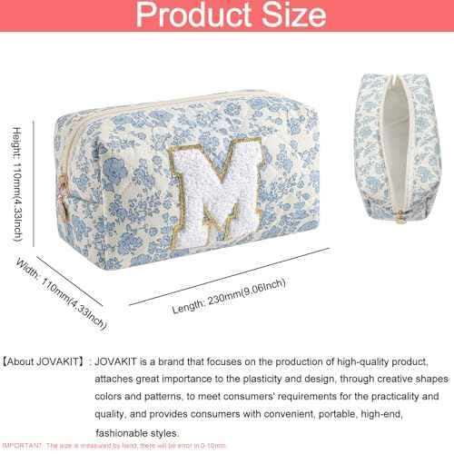 JOVAKIT Alphabet Makeup Bag Cosmetic Bag for Women, Christmas Gifts for Girls Age 6-18, Floral Flowers Coquette Travel Toiletry Zipper Make Up Pouch Organizer Trendy Stuff (Blue Floral M)