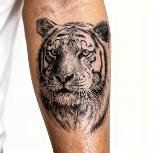 2 Sheets Realistic Animal Temporary Tattoos Stickers Sketch Lifelike Tiger Power Designs For Men Waterproof Arm Leg Fake Body Art, Gym & Parties Bold Masculine Decals